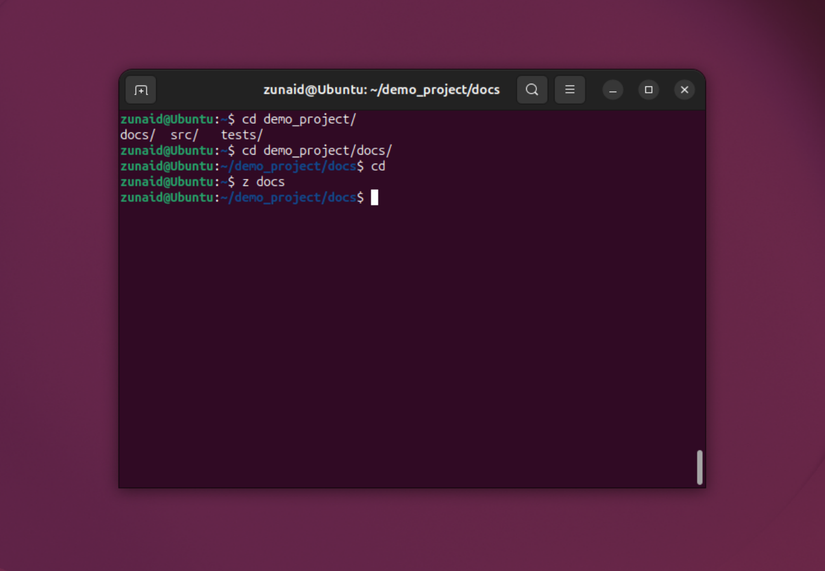 Using the zoxide command to navigate the file system smartly.