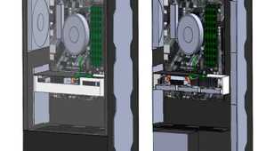 Two 3D CAD models showing the internal components and chassis design of a desktop PC tower.