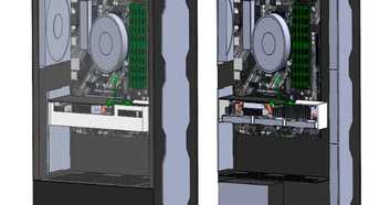Two 3D CAD models showing the internal components and chassis design of a desktop PC tower.