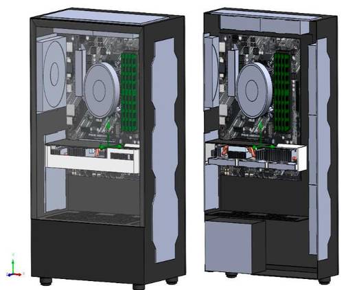 Two 3D CAD models showing the internal components and chassis design of a desktop PC tower.