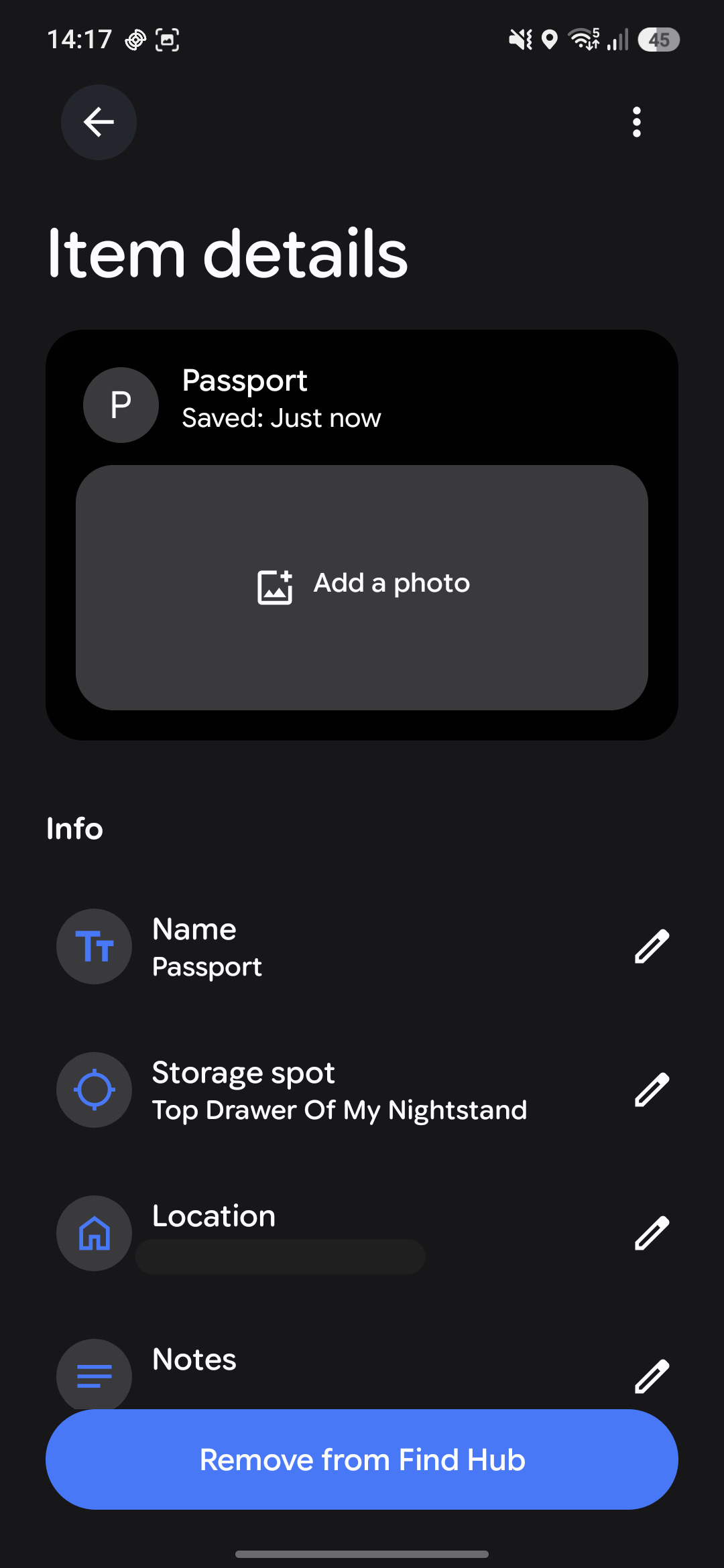 Screenshot of a remembered item's details in Find Hub.
