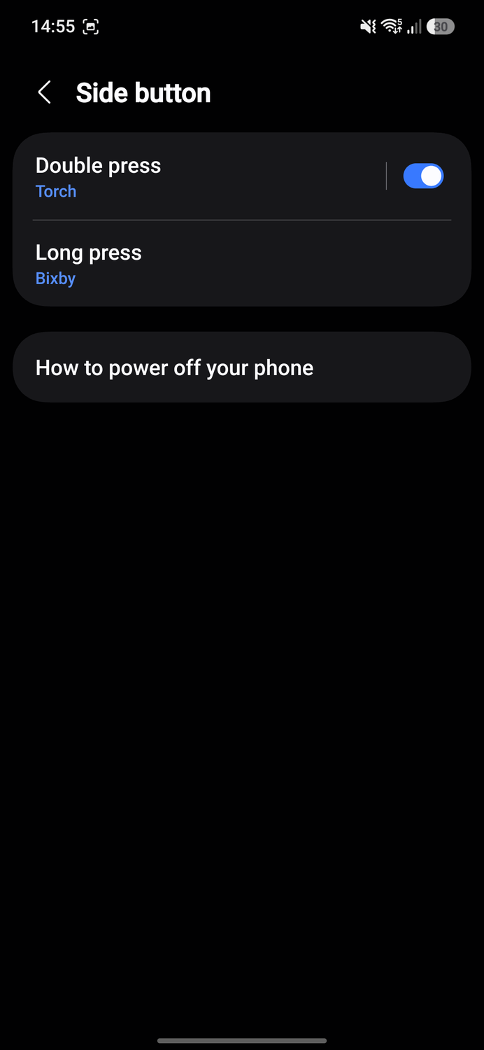 Screenshot of side button settings menu on a Samsung Galaxy.