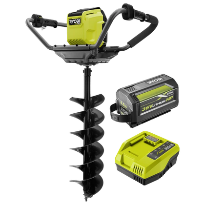 36V HP Brushless 200mm Post Hole Digger 6Ah Kit showing off everything that comes in the kit
