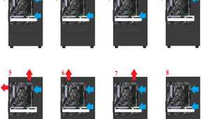 Eight diagrams comparing different intake and exhaust fan arrangements in a desktop PC case.