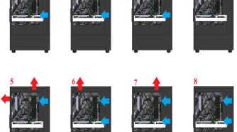 Eight diagrams comparing different intake and exhaust fan arrangements in a desktop PC case.