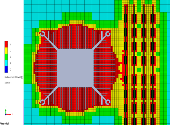 Color-coded computational mesh showing refinement levels around a CPU cooler and nearby motherboard components.