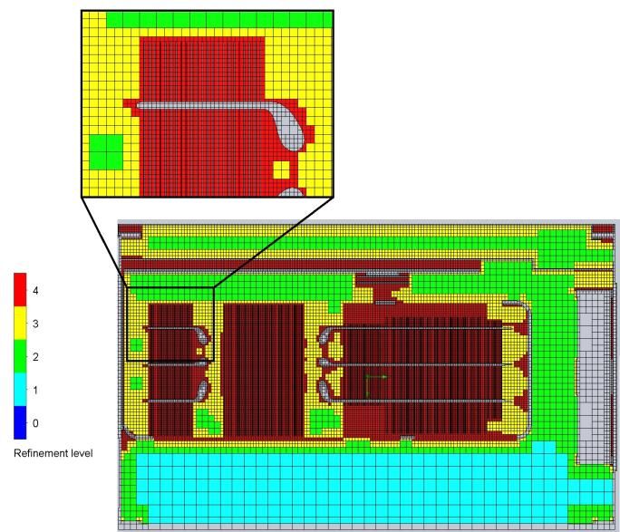 Computational mesh of a graphics card and surrounding components, with an enlarged view showing finer mesh details.