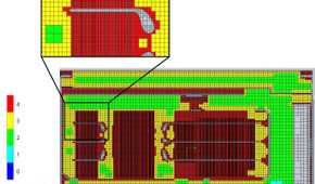 Computational mesh of a graphics card and surrounding components, with an enlarged view showing finer mesh details.