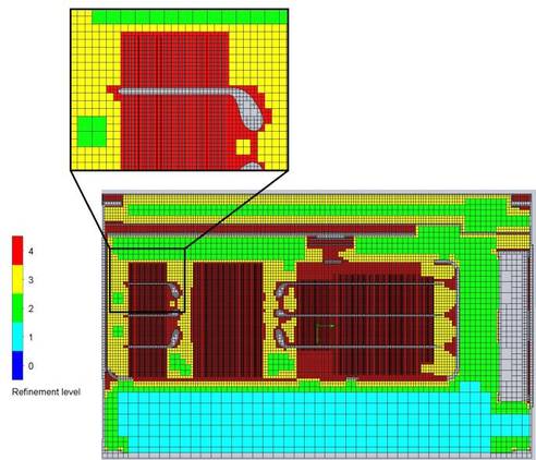 Computational mesh of a graphics card and surrounding components, with an enlarged view showing finer mesh details.
