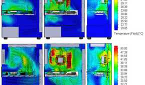 Six thermal simulation diagrams showing airflow patterns and temperature distribution inside a desktop PC case.
