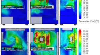 Six thermal simulation diagrams showing airflow patterns and temperature distribution inside a desktop PC case.