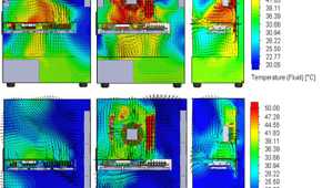 Eight thermal simulation views comparing airflow and temperature distribution across different PC cooling configurations.