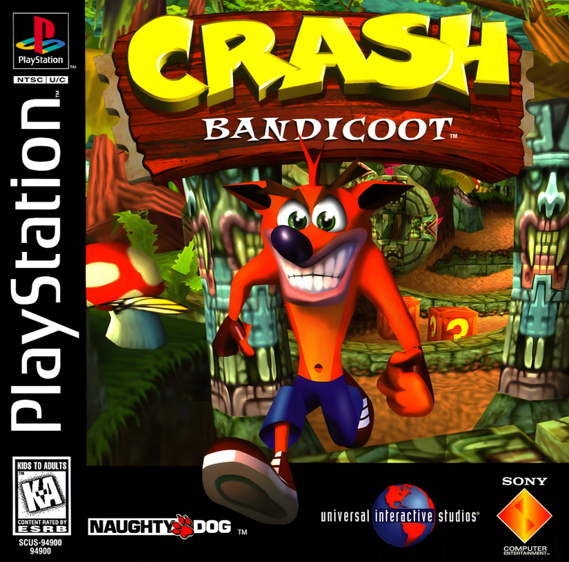 The front cover for the North American version of Crash Bandicoot for the PlayStation.