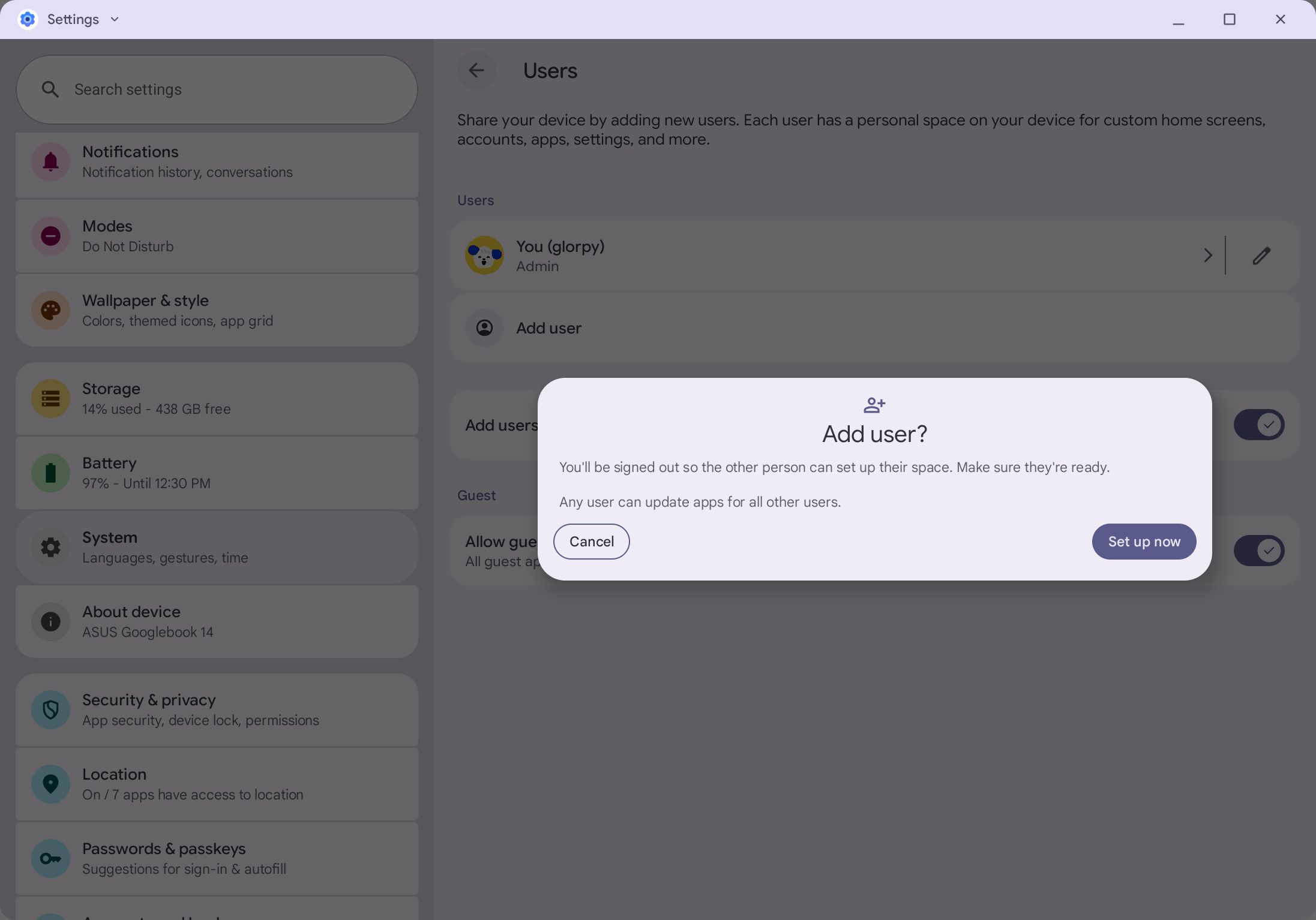 Окно добавления пользователя в настройках GooglebookOS