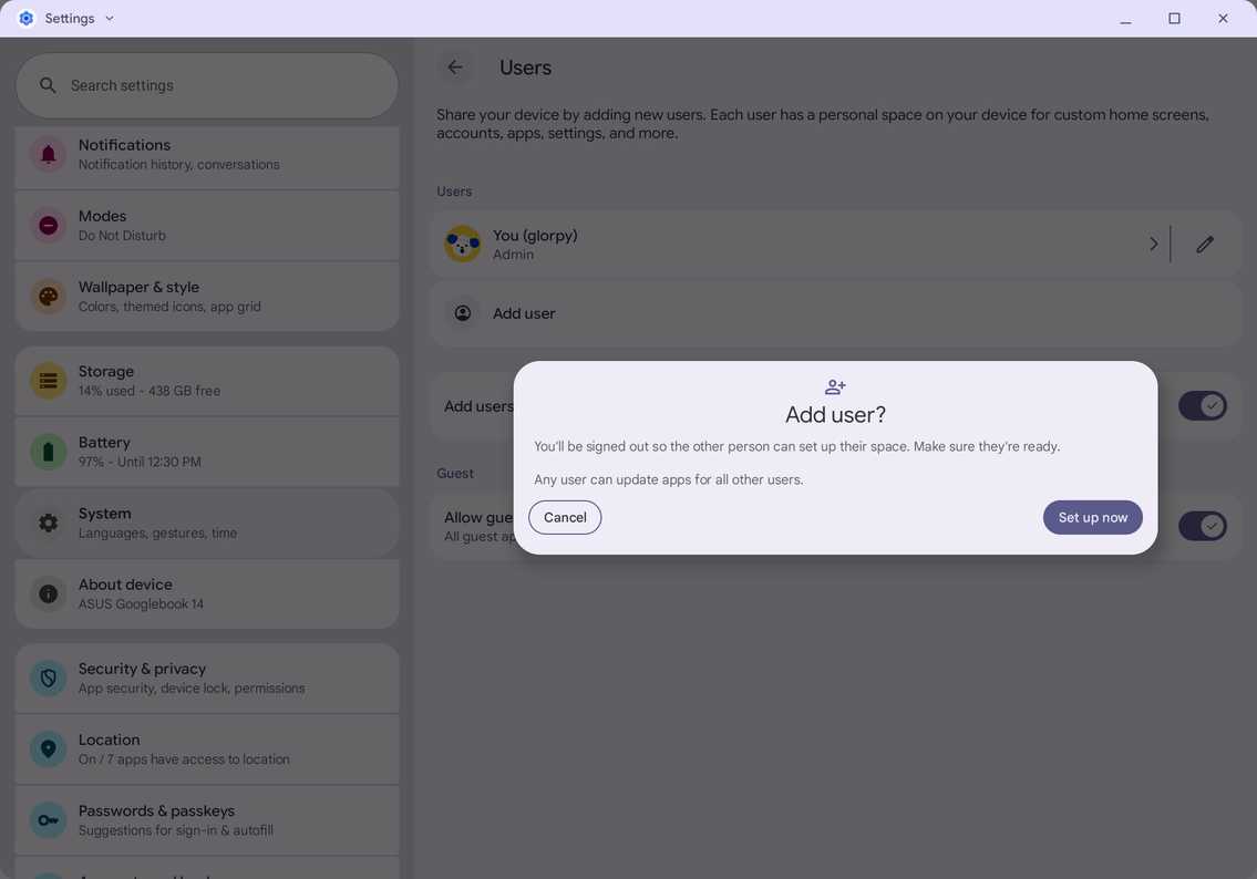 Добавление пользователя в Googlebook Окно добавления пользователя в настройках GooglebookOS