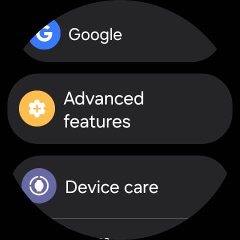 Galaxy Watch settings menu showing Google, Advanced features, and Device care options.