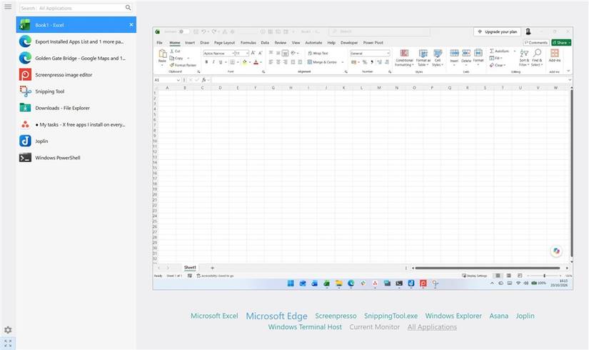 Alt Tab Terminator shows a sidebar listing open windows with a blank spreadsheet preview in Microsoft Excel selected.