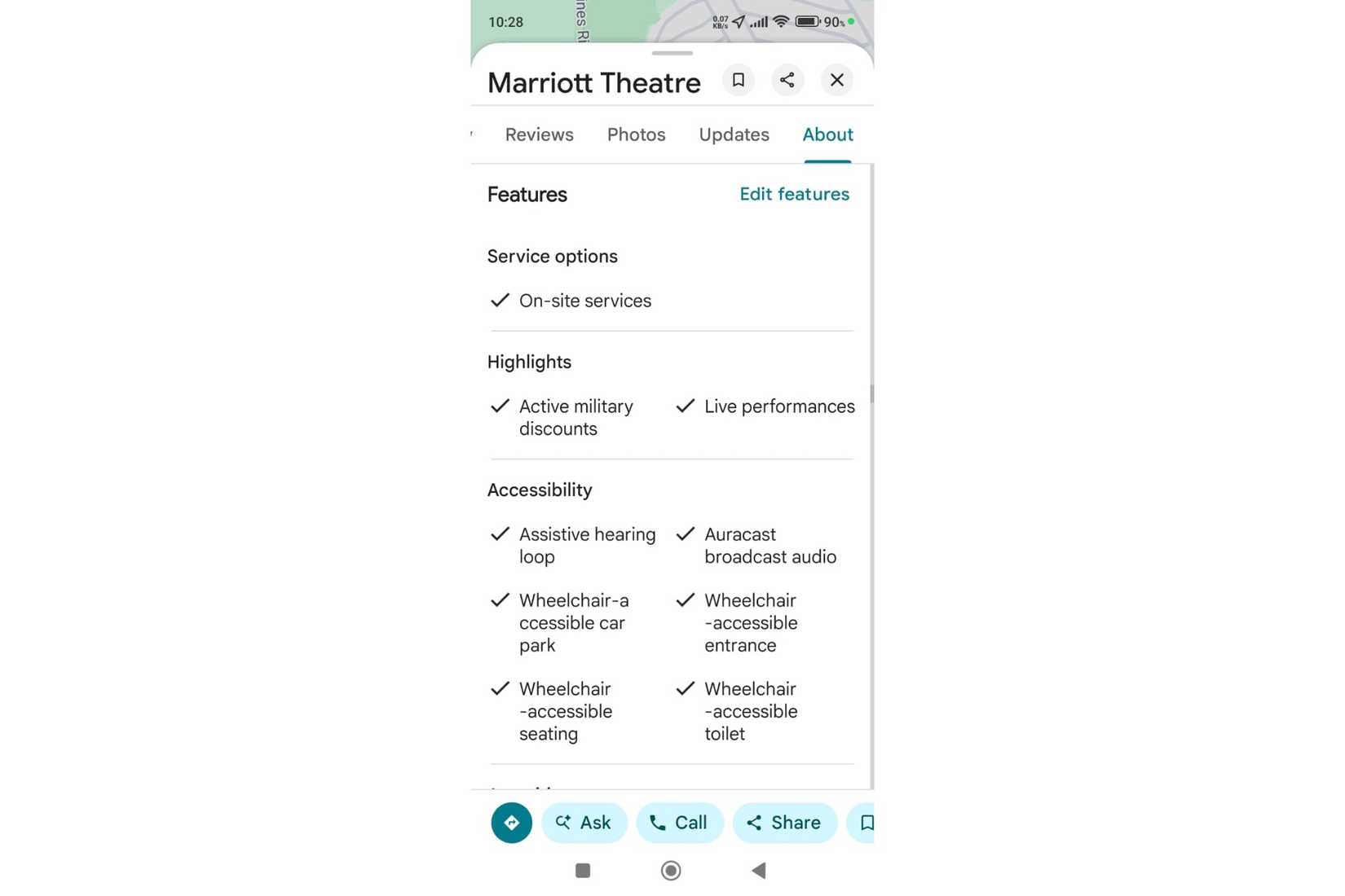 The accessibility section also shows Auracast support at compatible venues.