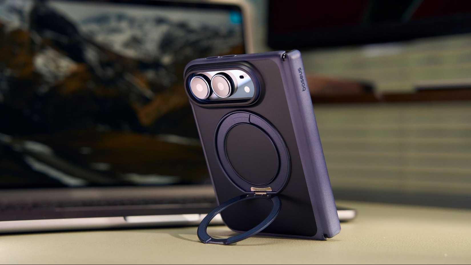 The Baseus HoopRing, holding the iPhone Duo up at an angle.