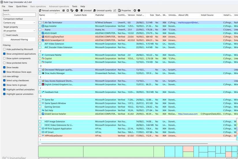 The main interface in BCU displays a list of installed applications with filter settings on the left panel.