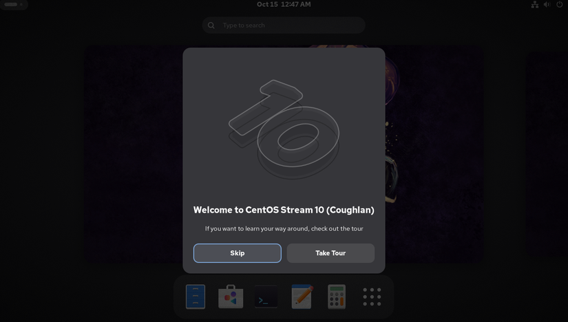 A screenshot of CentOS Stream 10 booting up for the first time.