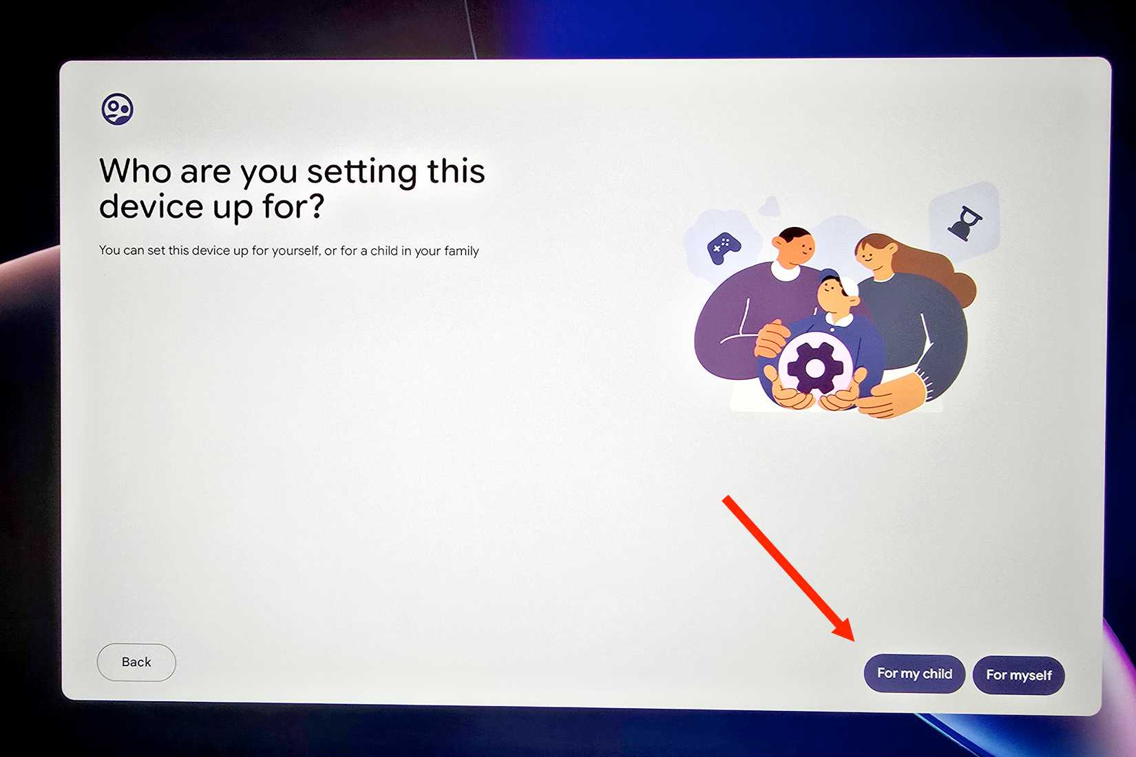 Chromebook profile setup page with For My Child button highlighted.