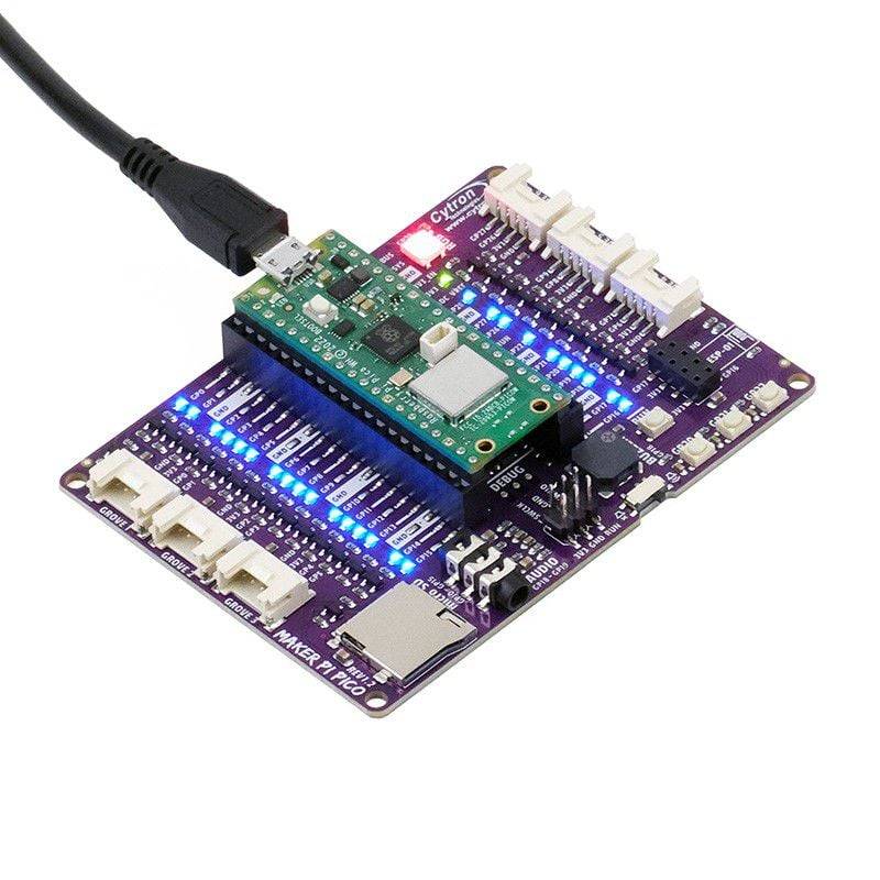 A Maker Pi Pico Base with Raspberry Pi Pico 2 on an isolated white background.