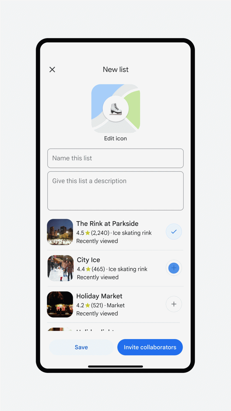 Google Maps’ “New list” screen for creating a shared place list, with fields for a list name and description, saved places, and an “Invite collaborators” button.