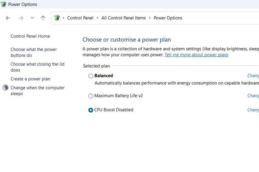 Control Panel Power Options window shows CPU Boost Disabled selected as the active power plan.