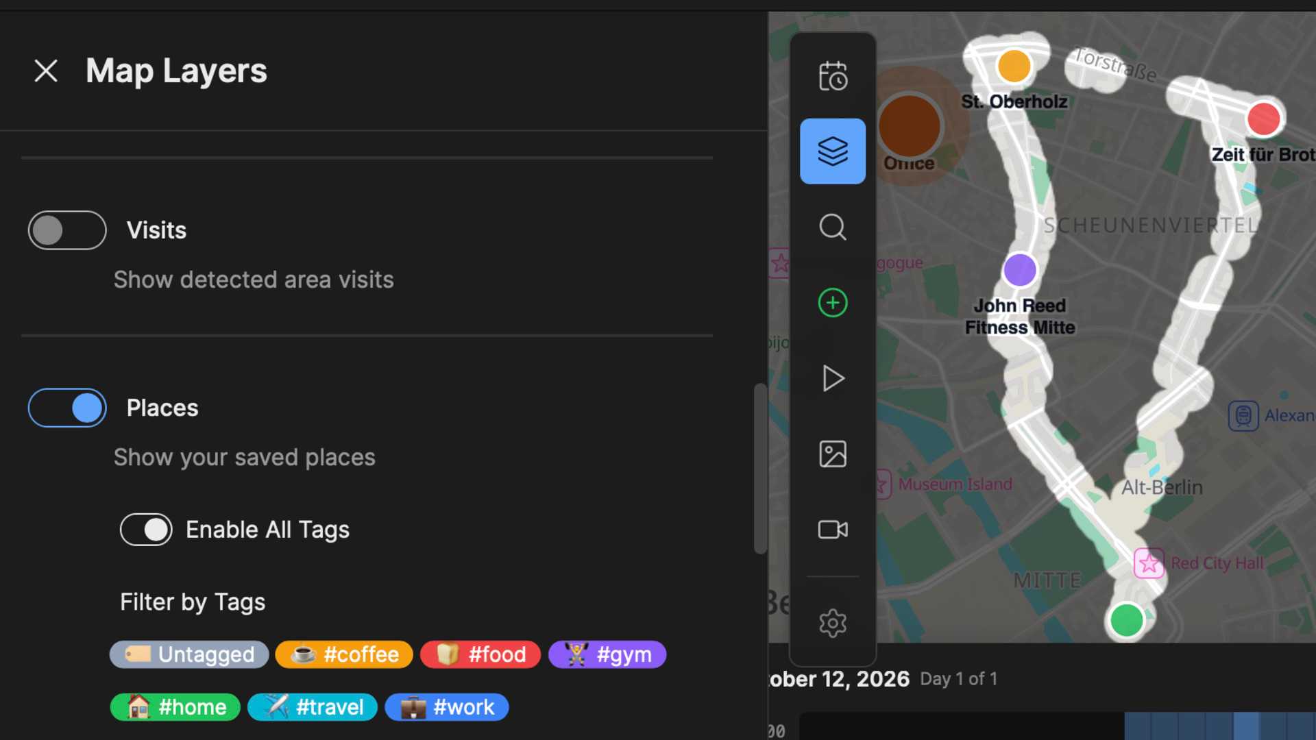 Dawarich Map Layers panel showing Visits and Places options with Filter by Tags for coffee food gym home travel and work.