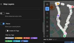 Dawarich Map Layers panel showing Visits and Places options with Filter by Tags for coffee food gym home travel and work.