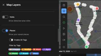 Dawarich Map Layers panel showing Visits and Places options with Filter by Tags for coffee food gym home travel and work.