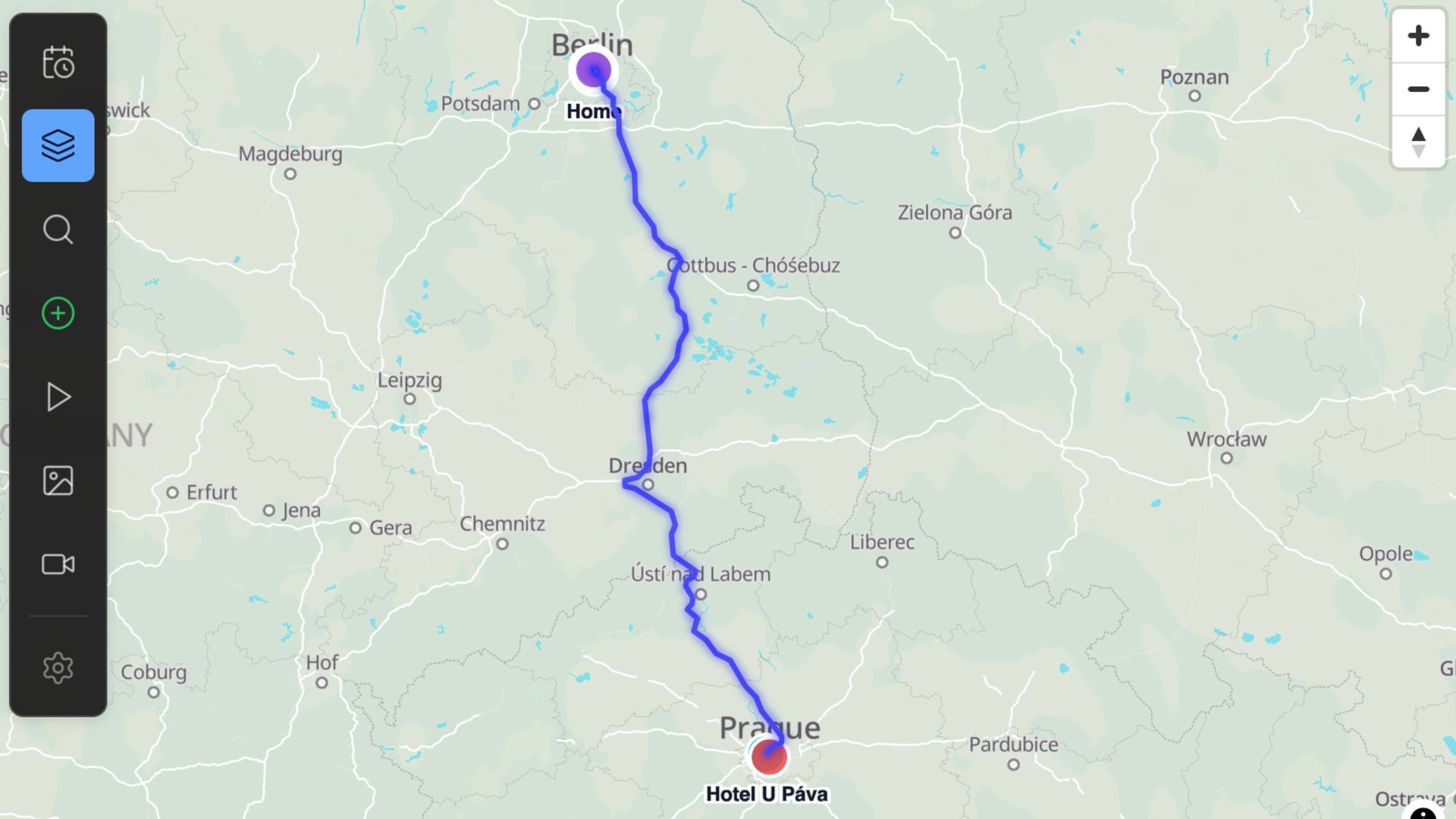 Dawarich map showing a trip route from Home in Berlin to Hotel U Pava in Prague via Dresden.