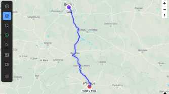 Dawarich map showing a trip route from Home in Berlin to Hotel U Pava in Prague via Dresden.