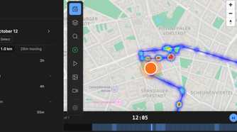 Dawarich replay mode playing back a journey on the heatmap with the timeline scrubber below the map.