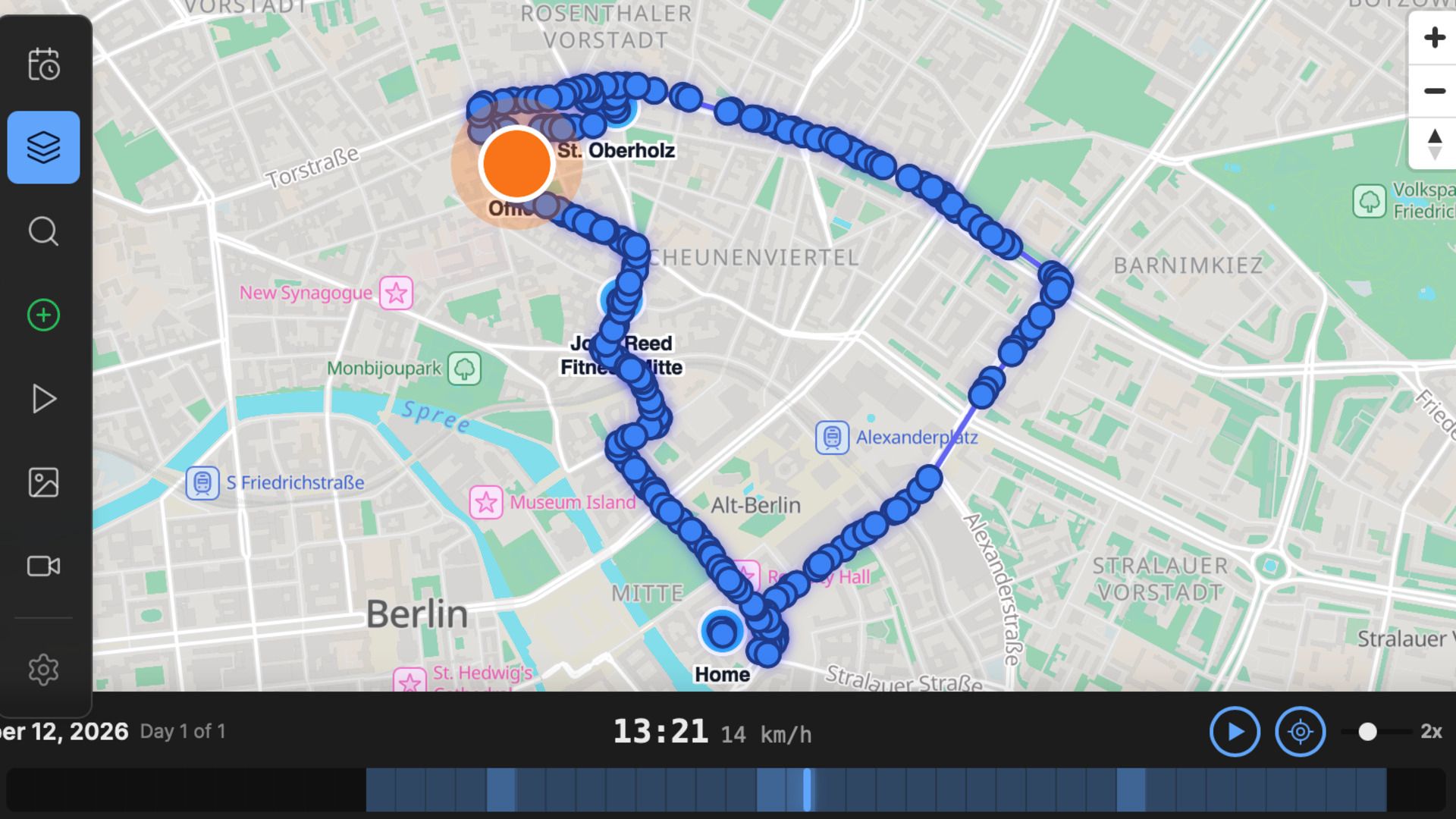 Dawarich replay showing every recorded GPS point along a journey around Berlin with the current speed.