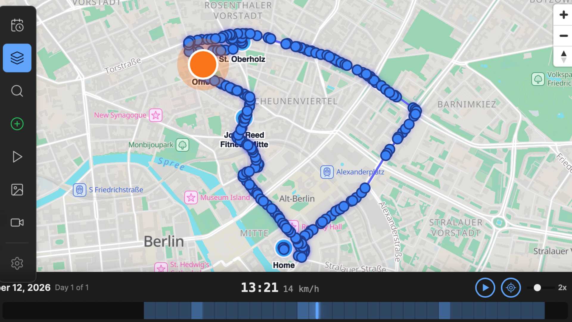 Dawarich replay showing every recorded GPS point along a journey around Berlin with the current speed.