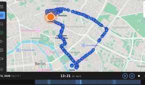 Dawarich replay showing every recorded GPS point along a journey around Berlin with the current speed.