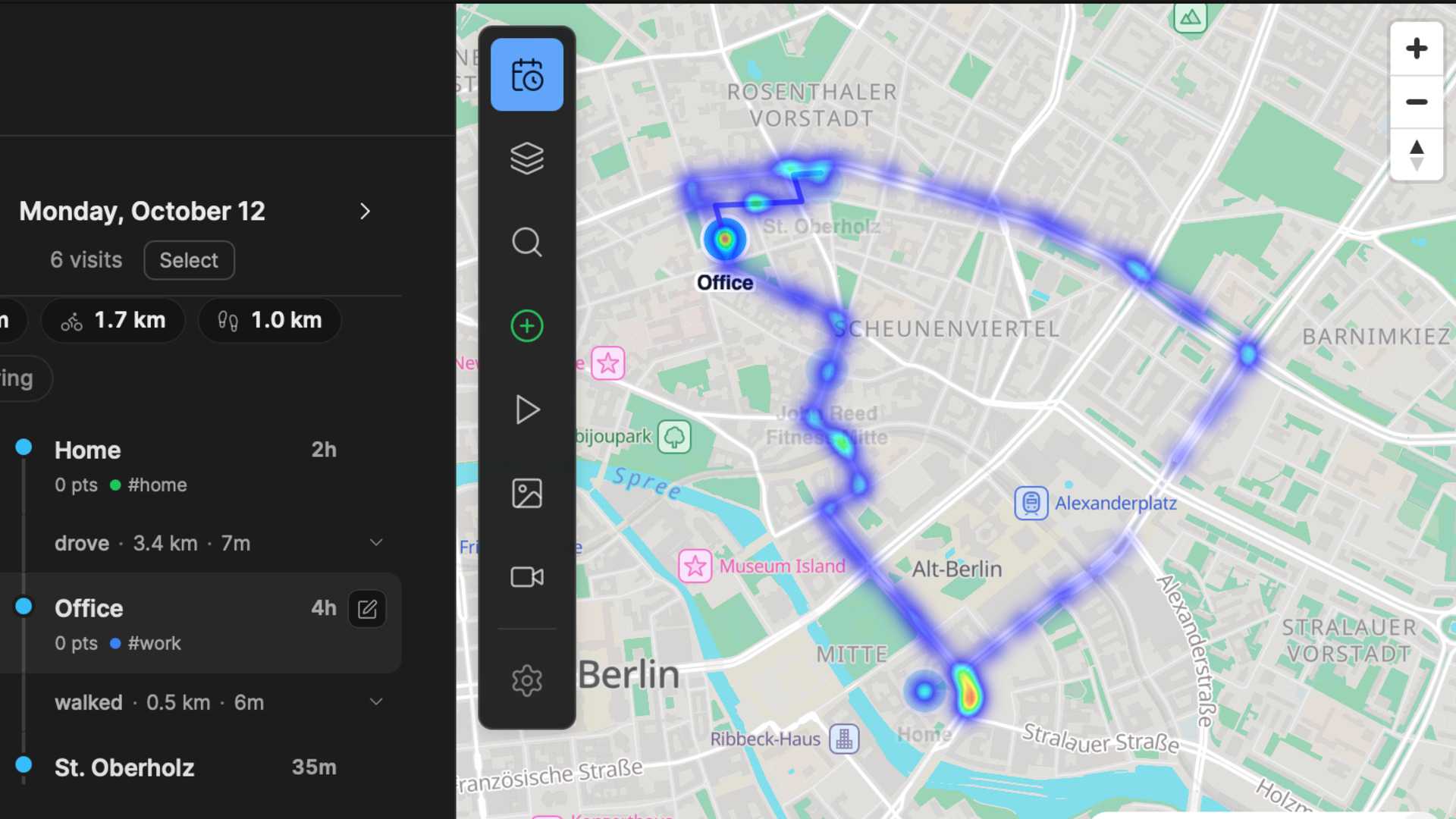 Dawarich timeline panel showing visits to Home Office and St Oberholz alongside a heatmap of the days route around Berlin.