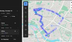 Dawarich timeline panel showing visits to Home Office and St Oberholz alongside a heatmap of the days route around Berlin.