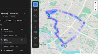 Dawarich timeline panel showing visits to Home Office and St Oberholz alongside a heatmap of the days route around Berlin.
