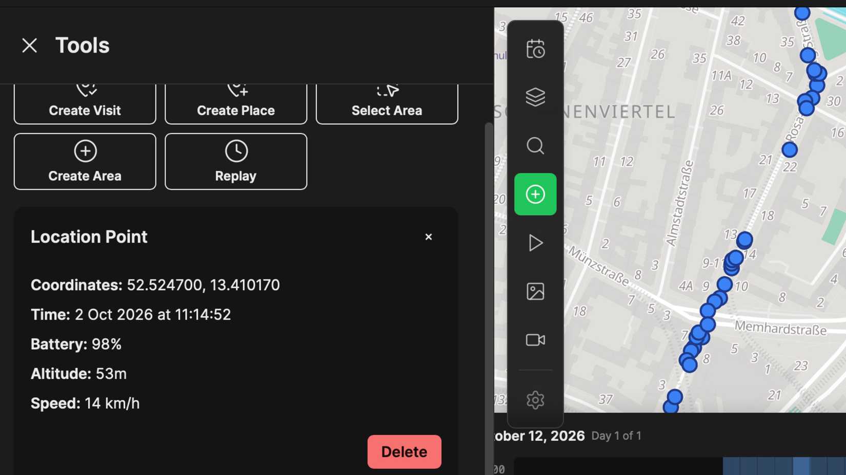 Dawarich Tools panel showing Location Point details including coordinates time battery altitude and speed.