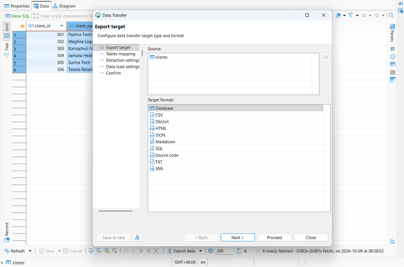 Exporting data from DBeaver showing the supported file types in the Community Edition.