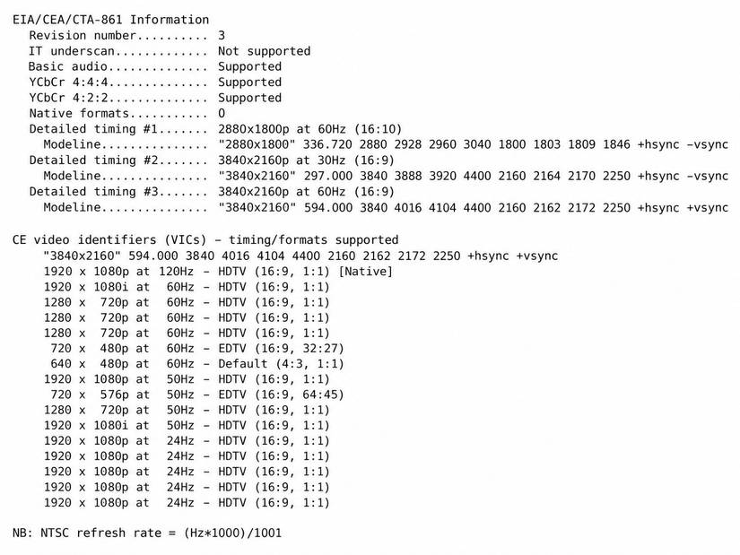 A screenshot of EDID data showing supported 4K and 1080p video timings.