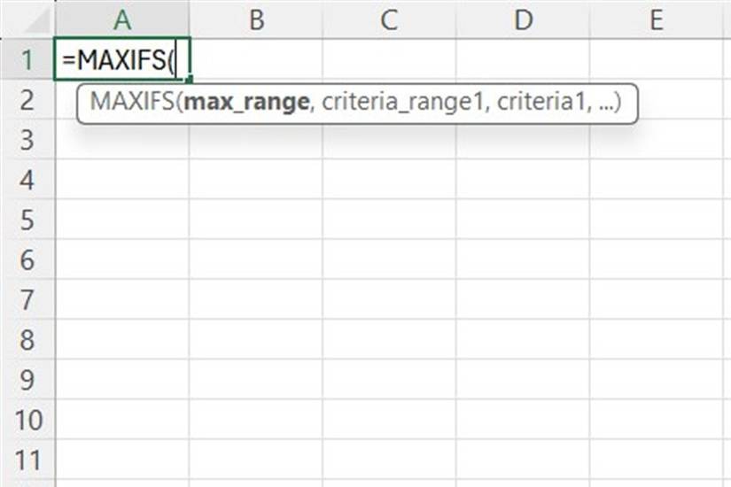 Excel cell A1 shows the MAXIFS formula typed with its function argument tooltip visible.