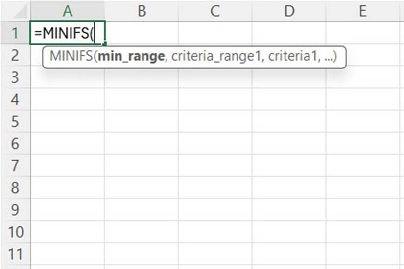 Excel cell A1 shows the MINIFS formula typed with its function argument tooltip visible.