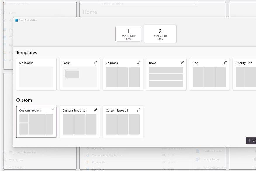 FancyZones Editor shows monitor selection and various template and custom layouts with Custom layout 1 selected.