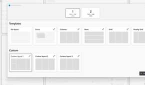 FancyZones Editor shows monitor selection and various template and custom layouts with Custom layout 1 selected.