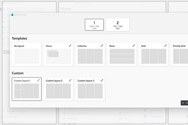 FancyZones Editor shows monitor selection and various template and custom layouts with Custom layout 1 selected.