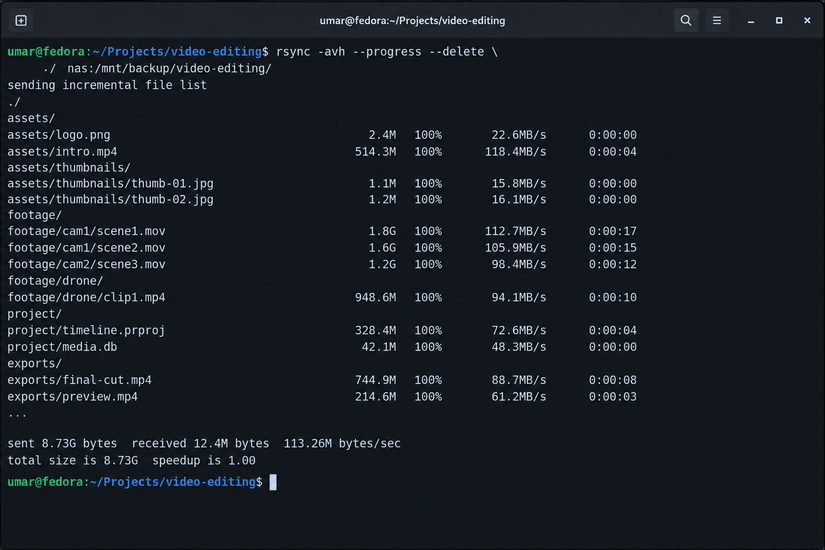 A Fedora terminal showing rsync synchronizing an 8.73 GB video editing project from a local directory to a NAS.